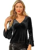 Allegra K Women's V Neck Velvet Blouse Flare Long Sleeve Peplum Top Large Black