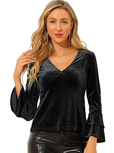 Allegra K Women's V Neck Velvet Blouse Flare Long Sleeve Peplum Top Large Black