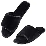 DL Open Toe Womens Slippers Indoor, Cozy Memory Foam House Slippers for Women Slip On, Comfy Soft Flannel Womens Bedroom Slippers Slide Breathable Size 9-10 Black
