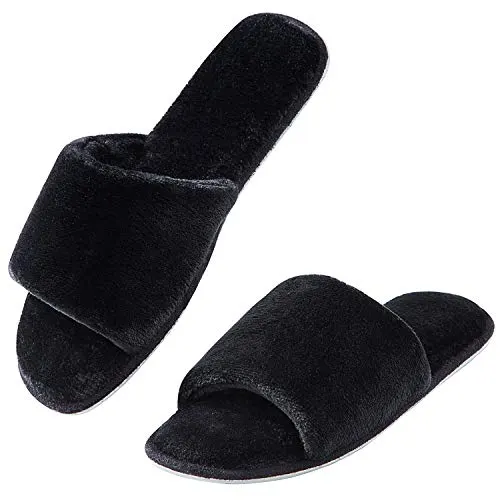 DL Open Toe Womens Slippers Indoor, Cozy Memory Foam House Slippers for Women Slip On, Comfy Soft Flannel Womens Bedroom Slippers Slide Breathable Size 9-10 Black