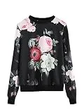 Romwe Women's Casual Floral Print Long Sleeve Pullover Tops Black XL