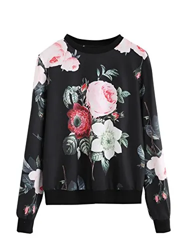Romwe Women's Casual Floral Print Long Sleeve Pullover Tops Black XL