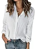 Karlywindow Womens Long Sleeve Button Down Cotton Linen Shirt Blouse Loose Fit Casual V-Neck Tops White