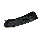 isotoner Womens Satin Ballerina With Bow, Suede Sole Slipper, Black Soft Tie Bow, 8 9 US