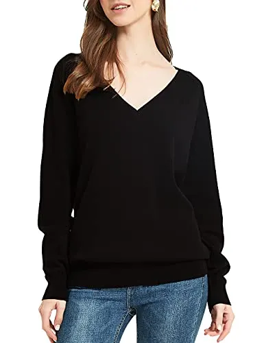 Kallspin Women's Cotton Pullover Sweater Relax Fit V Neck Long Sleeve Basic Fashion Knit Jumper (Medium, Black)
