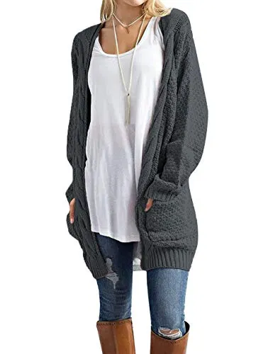 Traleubie Women's Open Front Long Sleeve Boho Boyfriend Knit Chunky Cardigan Sweater Dark Grey L