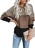 TIKSAWON Womens Sweaters Pullover Color Block Oversized Crewneck Sweaters Striped Long Sleeve Loose Chunky Knitted Pullover Tops Khaki Medium