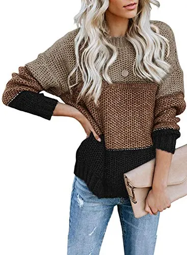 TIKSAWON Womens Sweaters Pullover Color Block Oversized Crewneck Sweaters Striped Long Sleeve Loose Chunky Knitted Pullover Tops Khaki Medium