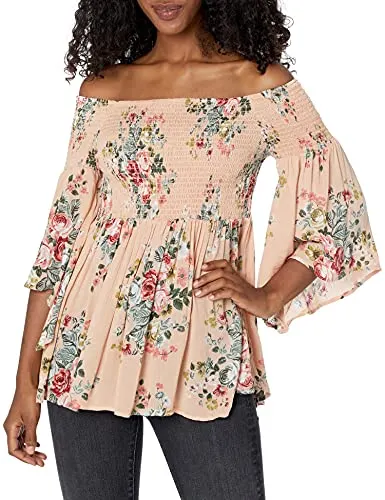 Angie Women's Smocked Off Shoulder Floral Print Top, Blush, Medium