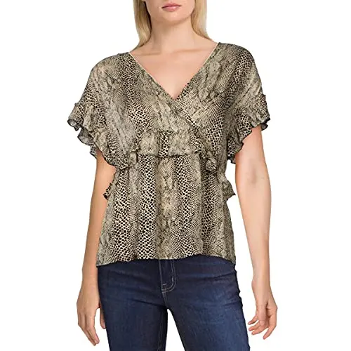 Jessica Simpson Womens Gardenia Geo Snake Snake Print V-Neck Blouse Black L