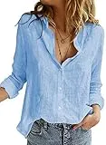 Astylish Women V Neck Solid Roll Up Sleeve Collared Shirts Blouses Summer Linen Tops for Teen Girls Blue Large