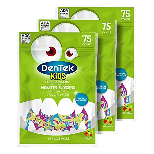 DenTek Kids Fun Flossers, Limited Edition Monster Flossers, 75 Count, 3 Pack (Packaging May Vary)