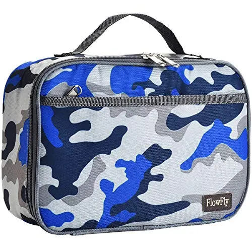 FlowFly Kids Lunch box Insulated Soft Bag Mini Cooler Thermal Meal Tote Kit with Handle and Pocket for Girls, Boys, Blue Camo