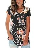 SAMPEEL Women T-Shirts Short Sleeve V Neck Soft Printed Tops Clothing Rose Black L
