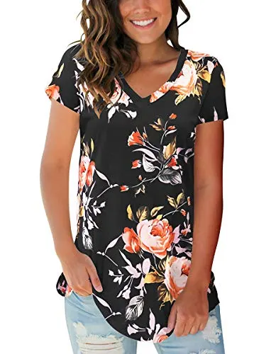 SAMPEEL Women T-Shirts Short Sleeve V Neck Soft Printed Tops Clothing Rose Black L