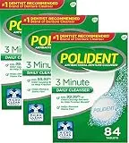 Polident 3 Minute Triple Mint Antibacterial Denture Cleanser Effervescent Tablets, 84 count, Pack of 3