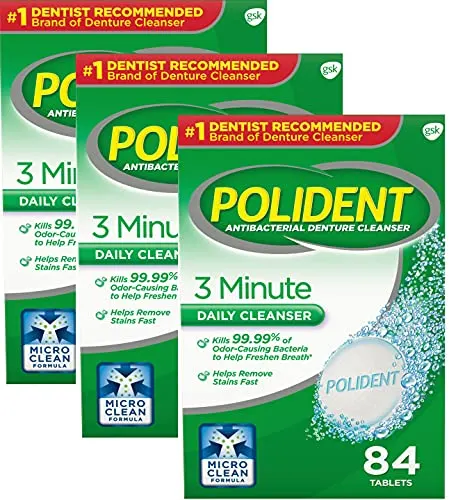 Polident 3 Minute Triple Mint Antibacterial Denture Cleanser Effervescent Tablets, 84 count, Pack of 3