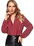 Milumia Women's Elegant Striped V Neck Long Sleeve Blouse High Low Hem Work Shirt Tops Burgundy Large
