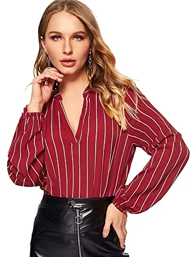 Milumia Women's Elegant Striped V Neck Long Sleeve Blouse High Low Hem Work Shirt Tops Burgundy Large