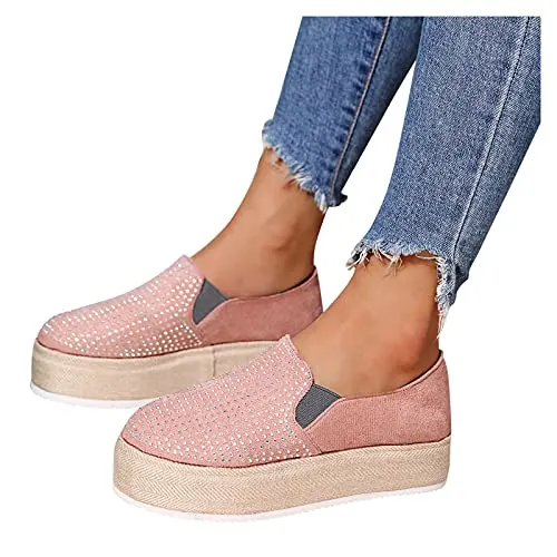 Gyouanime Shoes for Womens Platform Canvas Comfort Fashion Sneakers Casual for Ladies Girls Slip on Shoes Flat with Rhinestone Sneakers