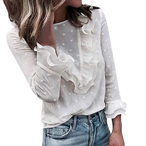 Aniywn Women O Neck Lace Floral Print Long Sleeve Blouse Fancy Ruffle Casual Tunic Top White