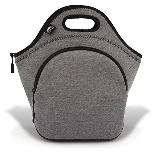 Nordic By Nature Large Neoprene Lunch Bag for Women & Lunch tote for Kids Insulated Lunch bag Reusable Washable Thick Neoprene & Soft Cotton Feel, Premium Stitching, Outside Pocket, (L) Grey/Black