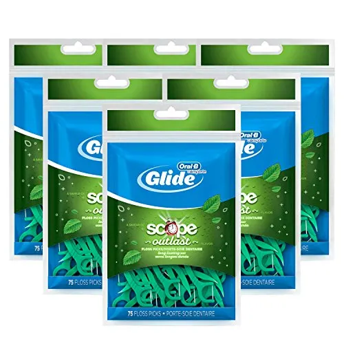 Oral-B Complete Glide Dental Floss Picks Plus Scope Outlast, Long Lasting Mint, 75 Dental Floss Picks, Pack of 6