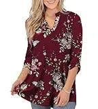 Othyroce Womens Summer Tops 3X Plus Size Tops for Women V Neck Tunics 3/4 Blouses Button Down Sleeve Shirts for Women, Burgundy