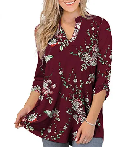 Othyroce Womens Summer Tops 3X Plus Size Tops for Women V Neck Tunics 3/4 Blouses Button Down Sleeve Shirts for Women, Burgundy