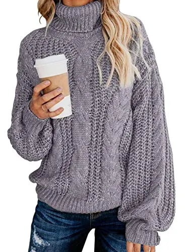 Chase Secret Womens Casual Turtleneck Long Sleeve Loose Chunky Knit Pullover Sweater M Grey