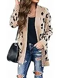 ZESICA Women's Long Sleeves Open Front Leopard Print Knitted Sweater Cardigan Coat Outwear with Pockets,A Beige,Small
