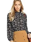 Floerns Women's High Collar Floral Printed High Neck Puff Long Sleeve Blouse Top Blue S