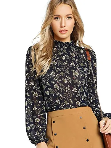 Floerns Women's High Collar Floral Printed High Neck Puff Long Sleeve Blouse Top Blue S