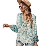 Cocobla Women Boho Floral Blouse Long Sleeve V Neck Drawstring Shirt Cute Loose Flowy Tops Blue