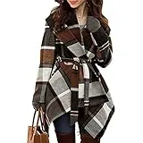 Chicwish Women's Turn Down Shawl Collar Open Front Long Sleeve Check Asymmetric Hemline Wool Blend Coat, Brown, Medium