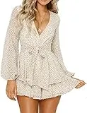 Relipop Women's Polka Dot Jumpsuits Deep V-Neck Long Sleeve Knot Front Ruffle Hem Floral Rompers