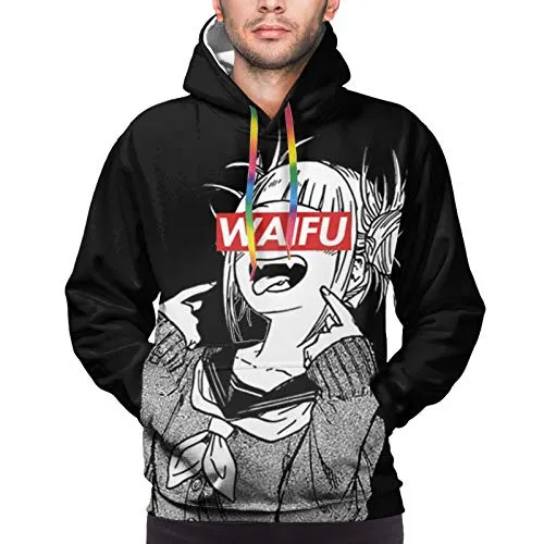 FJE&EDMA Ahegao Face Waifu Hentai Toga Man's Hoodie Casual Sweatshirt with Big Pocket Pullover Black