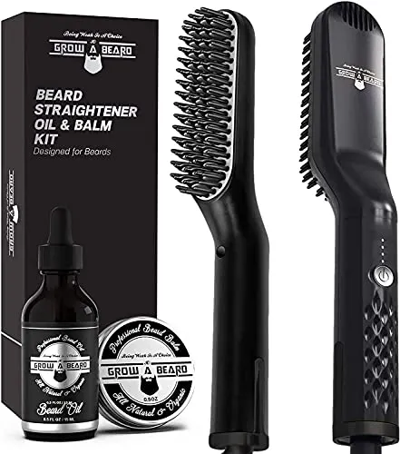 Beard Straightener for Men - Ionic Heated Beard Brush - Portable Beard Straightening Comb - Adjustable Hot Iron Designed for Beards - Beard Oil & Balm
