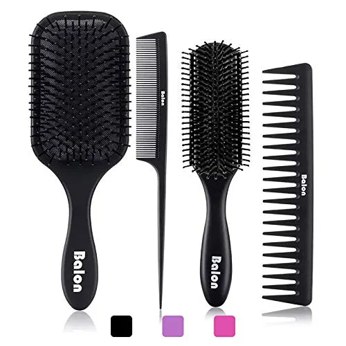 4Pcs Paddle Hair Brush, Detangling Brush and Hair Comb Set for Men and Women, Great On Wet or Dry Hair, No More Tangle Hairbrush for Long Thick Thin Curly Natural Hair(Black)