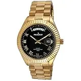 Peugeot 14K All Gold Plated Big Face Luxury Watch with Day Date Windows, Roman Numerals & Coin Edge Fluted Bezel Watch