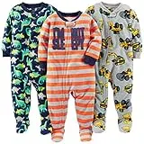 Simple Joys by Carter's Baby Boys' Toddler 3-Pack Loose Fit Flame Resistant Fleece Footed Pajamas, Orange Stripe/Diggers/Dino, 2T