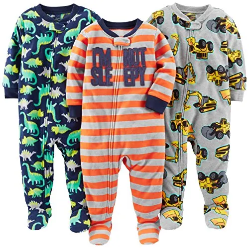 Simple Joys by Carter's Baby Boys' Toddler 3-Pack Loose Fit Flame Resistant Fleece Footed Pajamas, Orange Stripe/Diggers/Dino, 2T